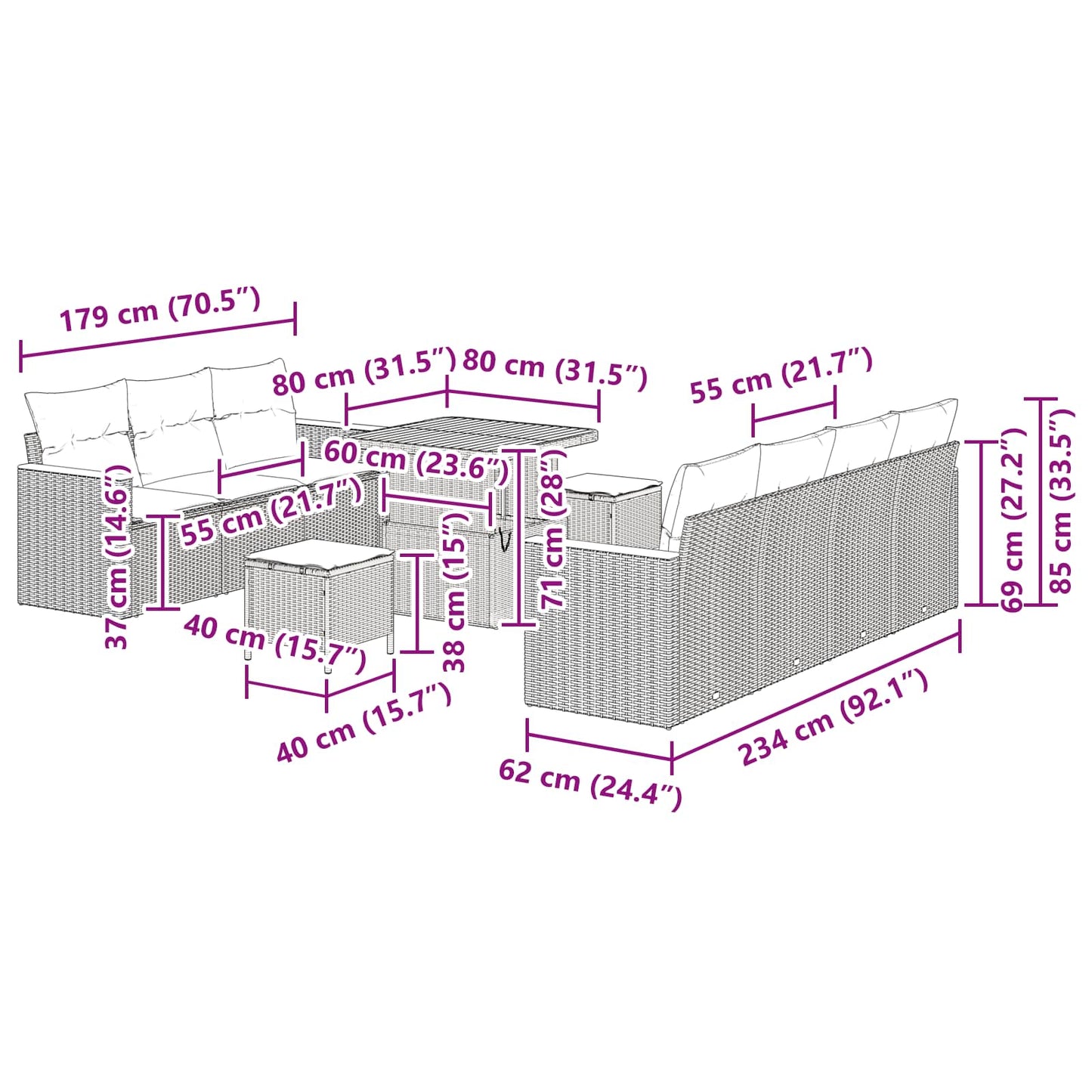 vidaXL Conjunto de Sofá de Jardim 10 pcs Preto vime PE