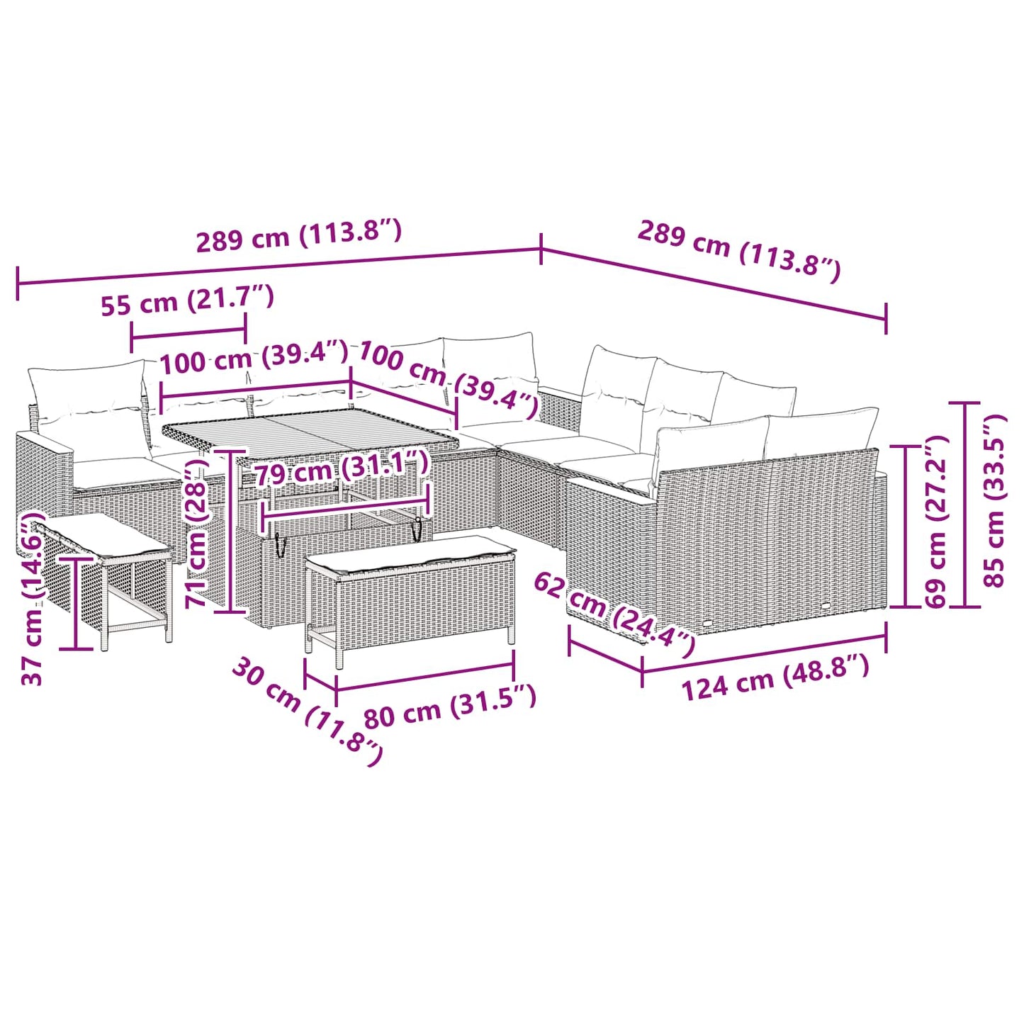 vidaXL Conjunto de Sofá de Jardim 13 pcs Preto vime PE
