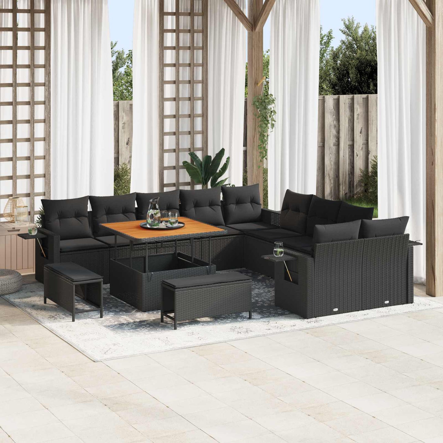 vidaXL Conjunto de Sofá de Jardim com almofada 13 pcs Preto vime PE