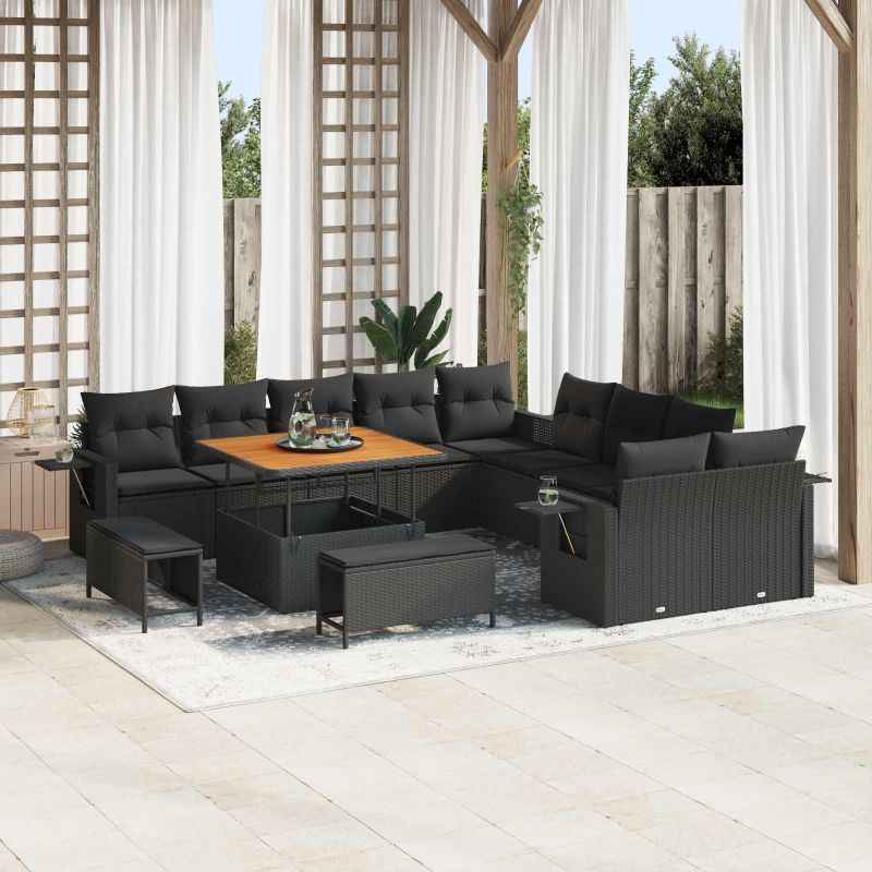 vidaXL Conjunto de Sofá de Jardim com almofada 13 pcs Preto vime PE