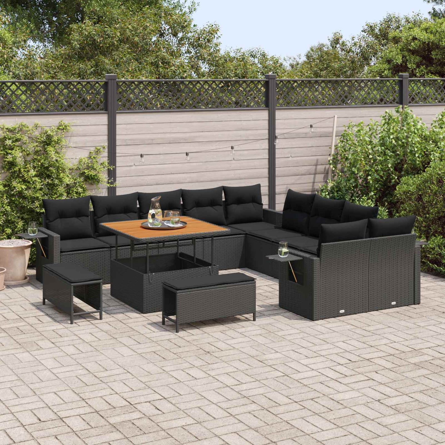 vidaXL Conjunto de Sofá de Jardim com almofada 13 pcs Preto vime PE