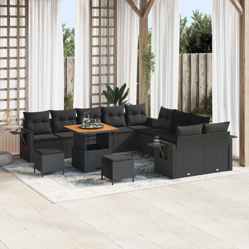 vidaXL Conjunto de Sofá de Jardim com almofada 13 pcs Preto vime PE