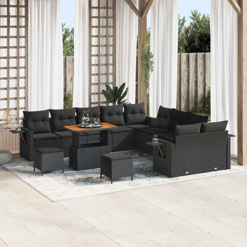 vidaXL Conjunto de Sofá de Jardim com almofada 13 pcs Preto vime PE