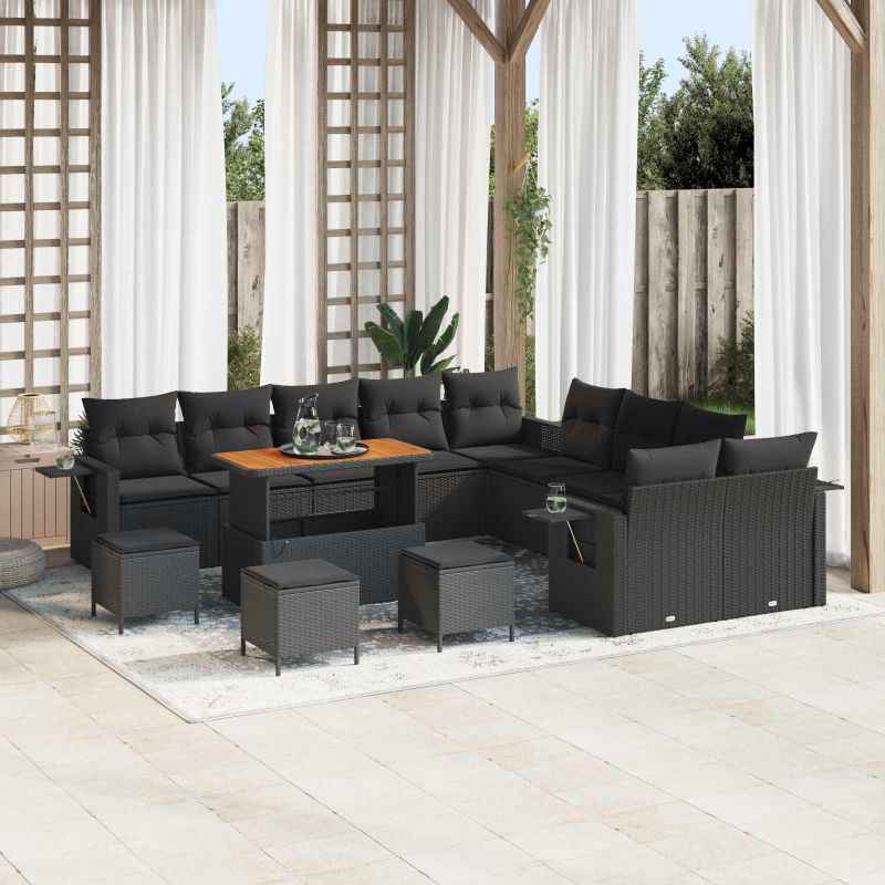 vidaXL Conjunto de Sofá de Jardim com almofada 13 pcs Preto vime PE