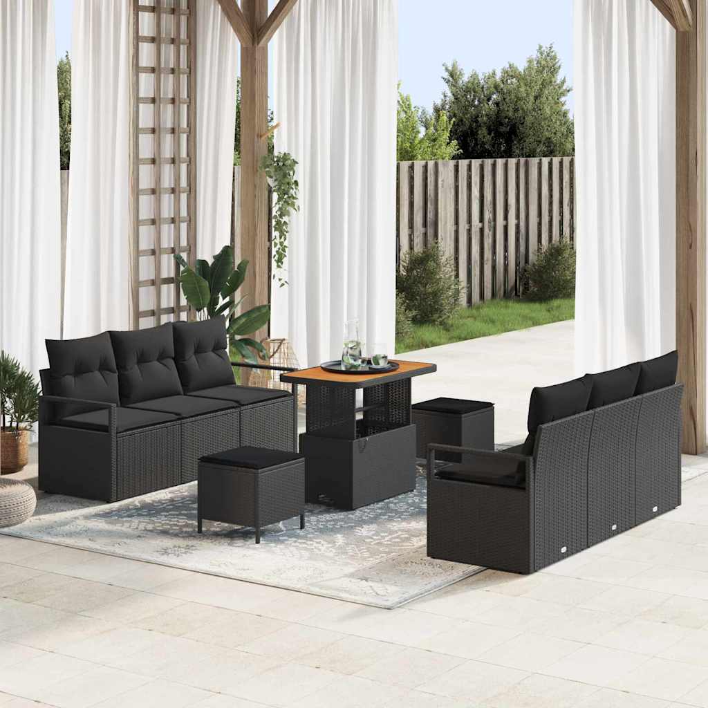 vidaXL Conjunto de Sofá de Jardim 9 pcs Preto Rattan Sintético