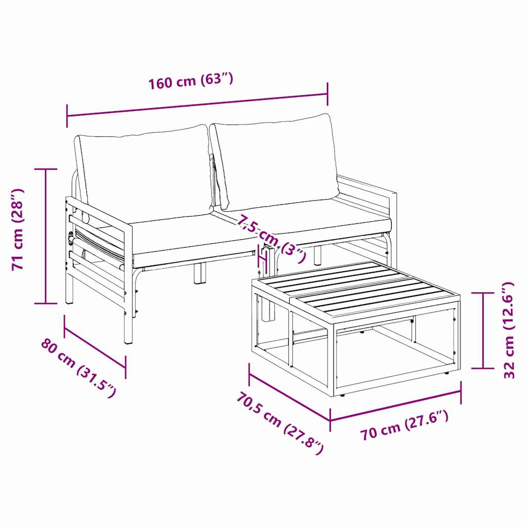 vidaXL Conjunto de Sofá de Jardim com almofada 3 pcs Preto Aço