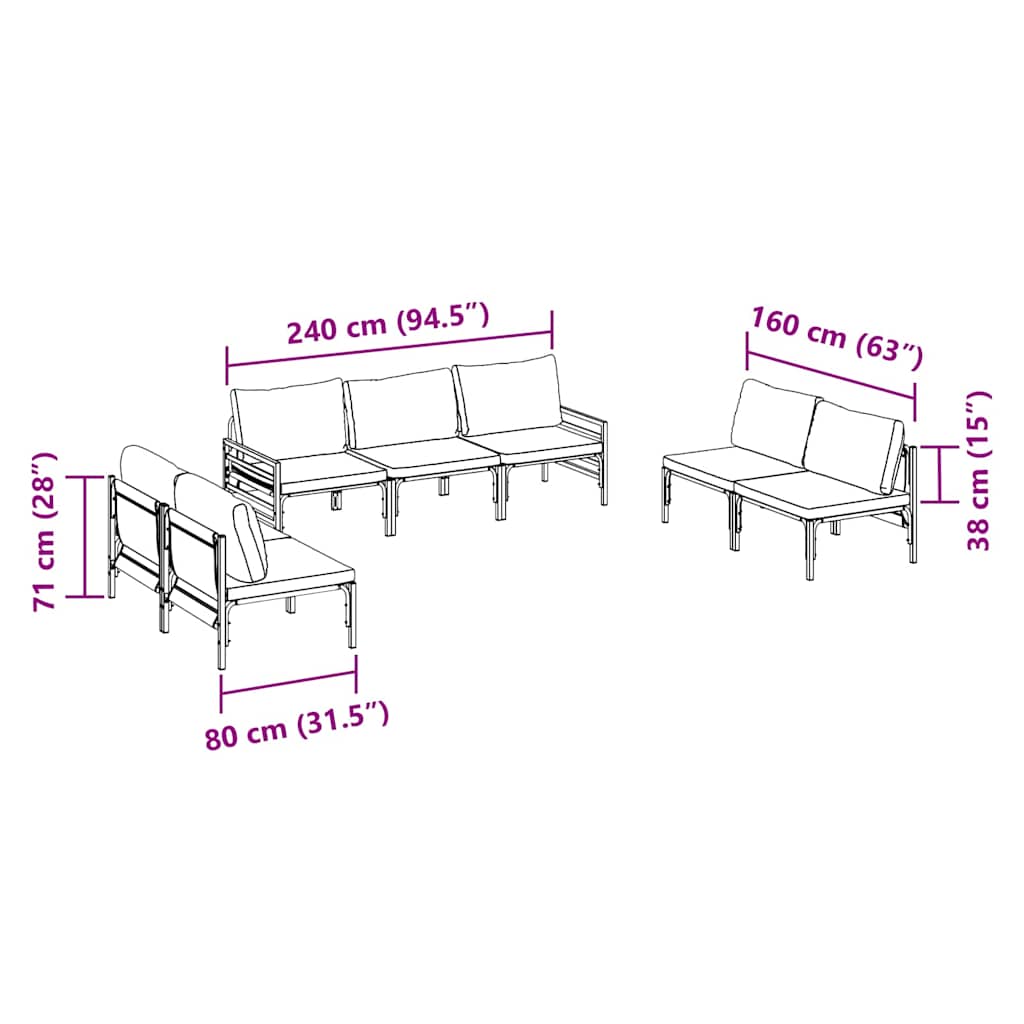 vidaXL Conjunto de Sofá de Jardim com almofada 7 pcs Preto Aço
