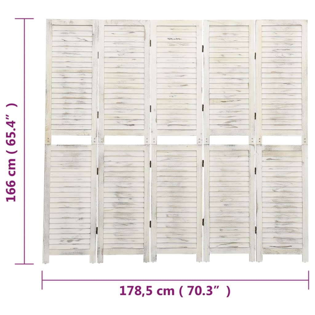 vidaXL Biombo com 5 painéis 178,5x166 cm madeira branco antigo