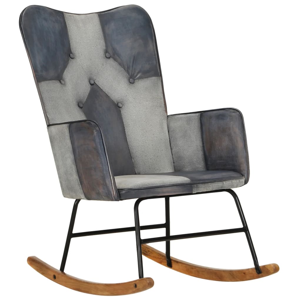 vidaXL Cadeira de baloiço couro genuíno e lona cinzento