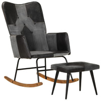 vidaXL Cadeira baloiço c/ apoio de pés couro genuíno e lona preto