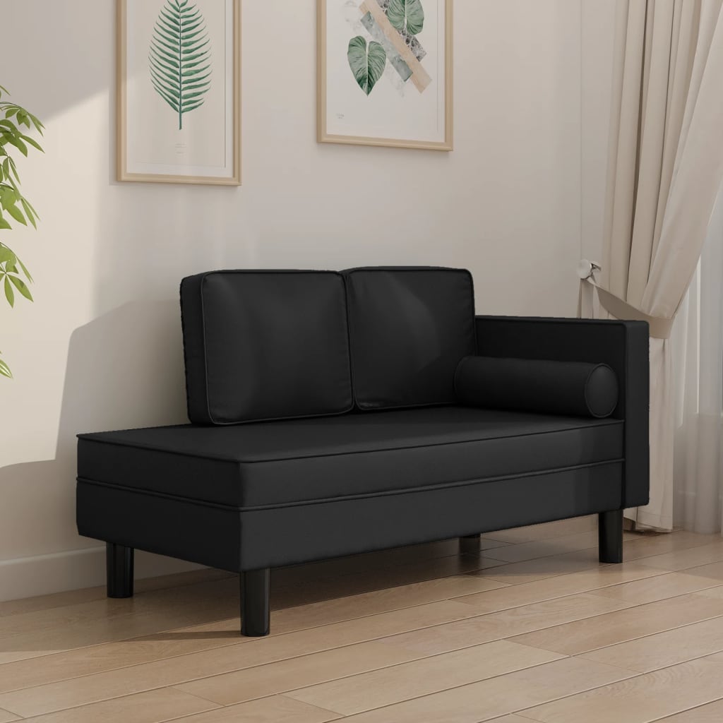vidaXL Chaise longue com almofadões e rolo couro artificial preto
