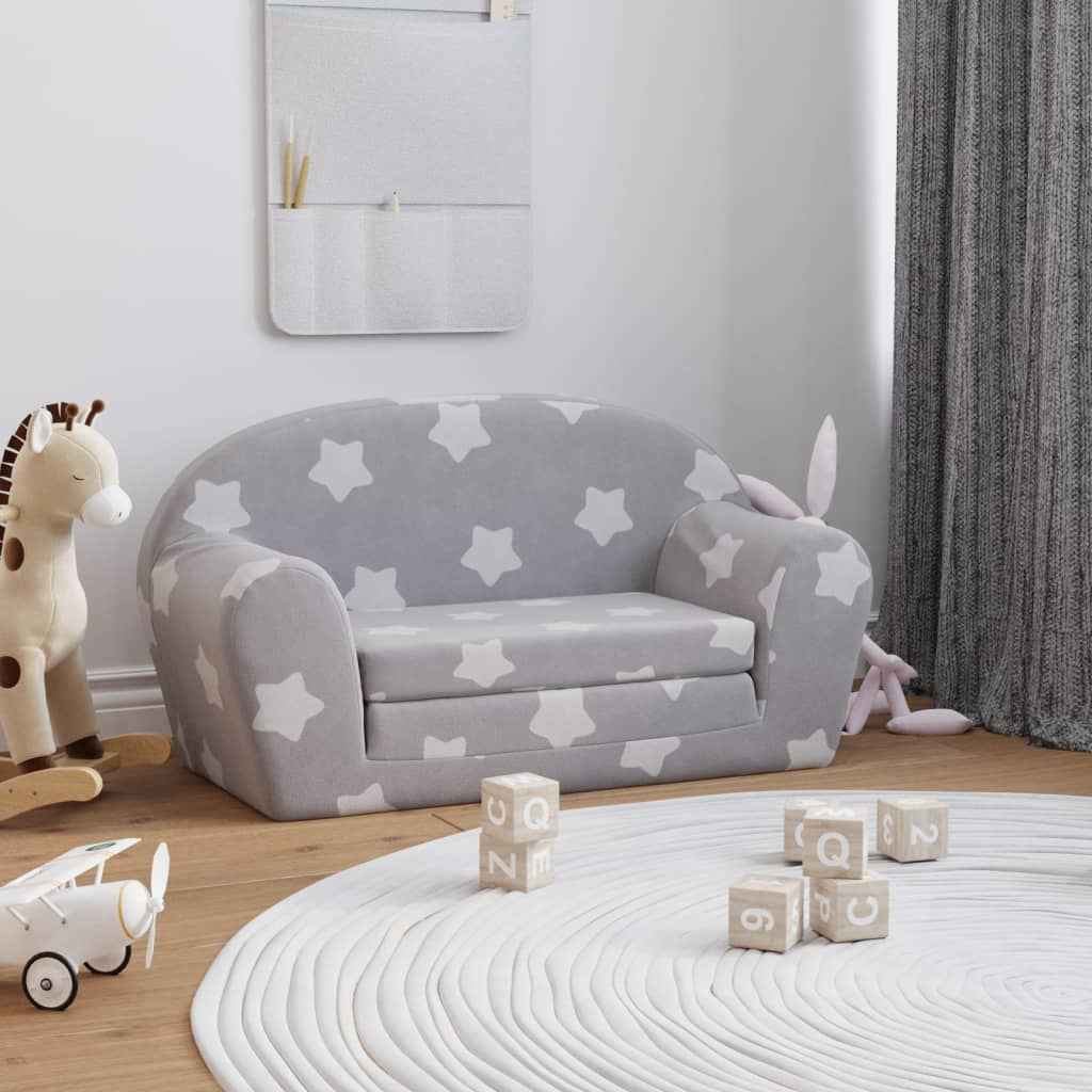 vidaXL Sofá-cama infantil 2 lugares c/ estrelas pelúcia cinzento-claro