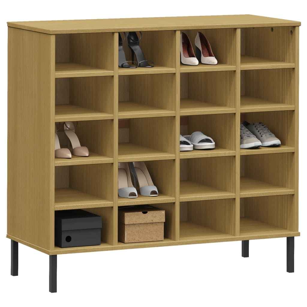 vidaXL Sapateira pernas metal 95x35x86 cm madeira maciça OSLO castanho