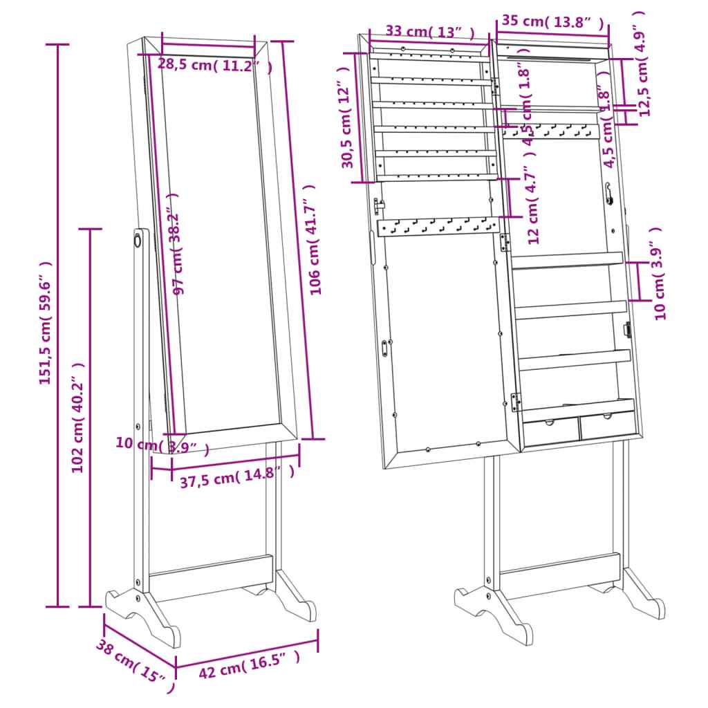 vidaXL Armário espelhado para joias independente c/ luzes LED branco