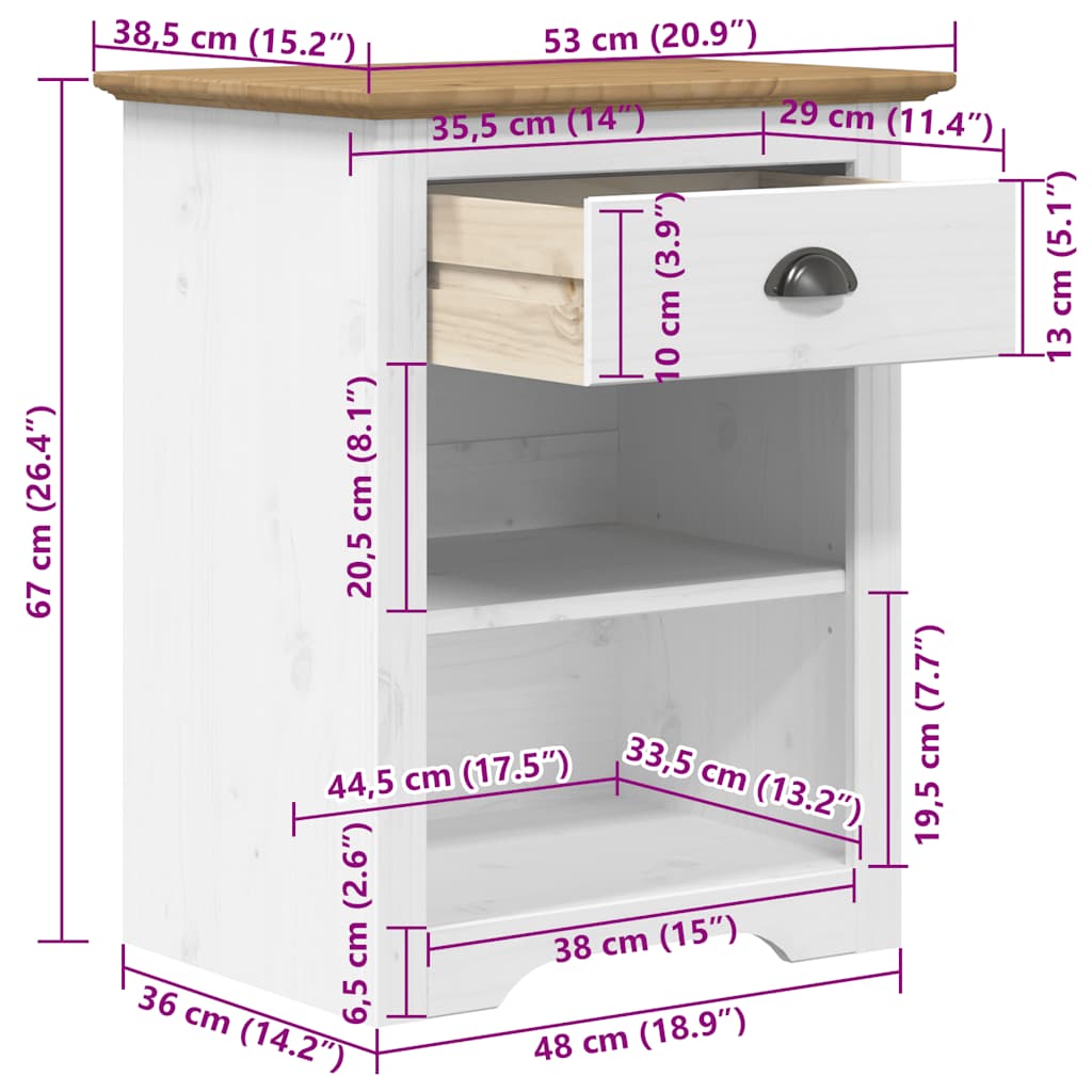 vidaXL Mesa de cabeceira BODO 53x38,5x67 cm pinho maciço castanho