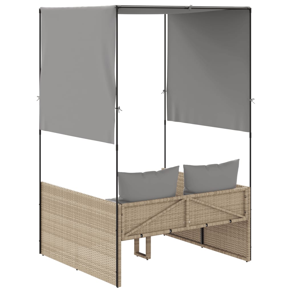 vidaXL Espreguiçadeira dupla com teto e cortinas vime PE bege