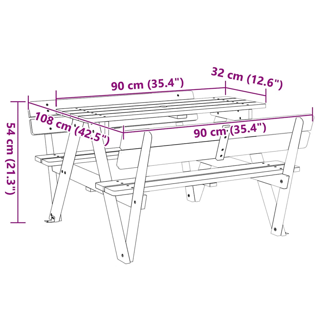 vidaXL Mesa piquenique 4 crianças c/ orifício guarda-sol abeto maciço