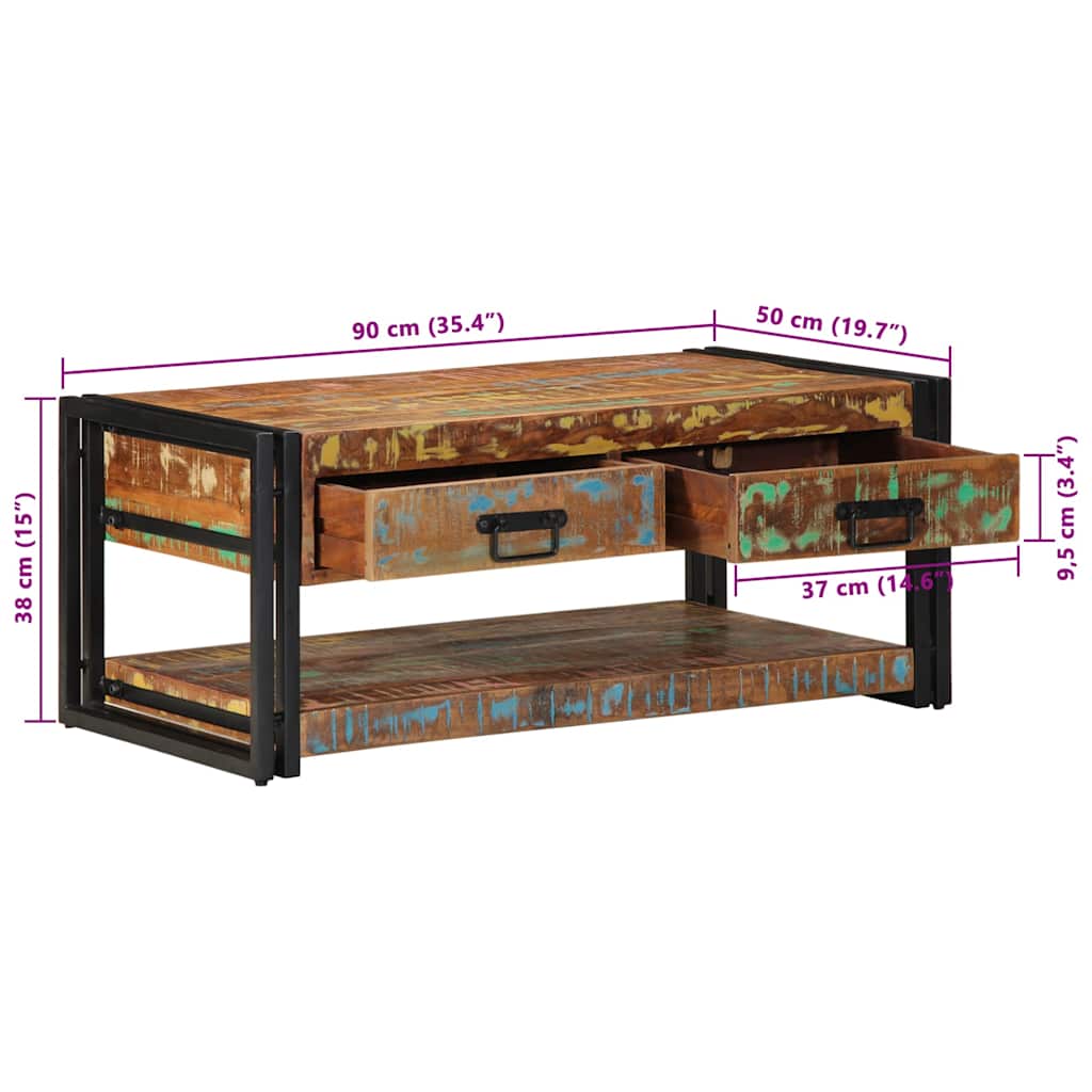 vidaXL Mesa de centro multicor 90x50x38 cm madeira maciça recuperada