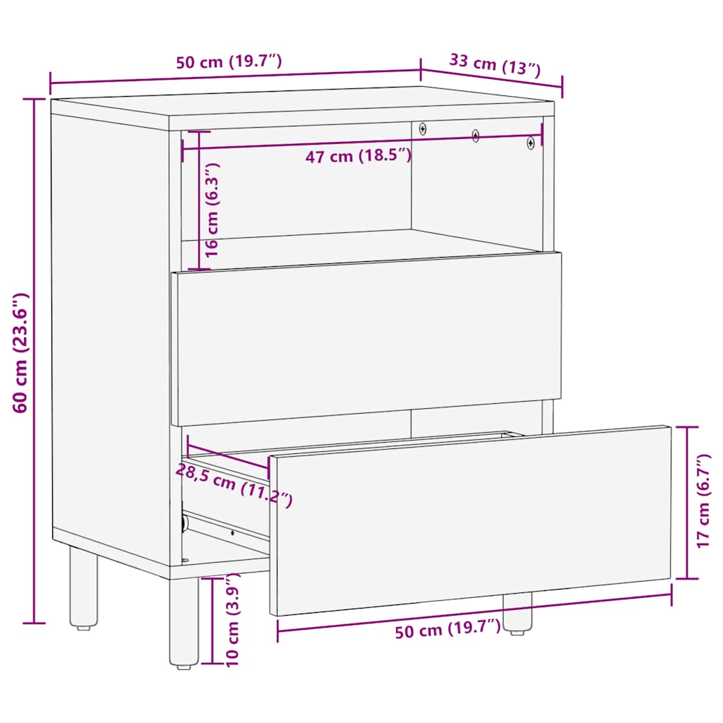 vidaXL Mesa de cabeceira 50x33x60 cm madeira de mangueira maciça
