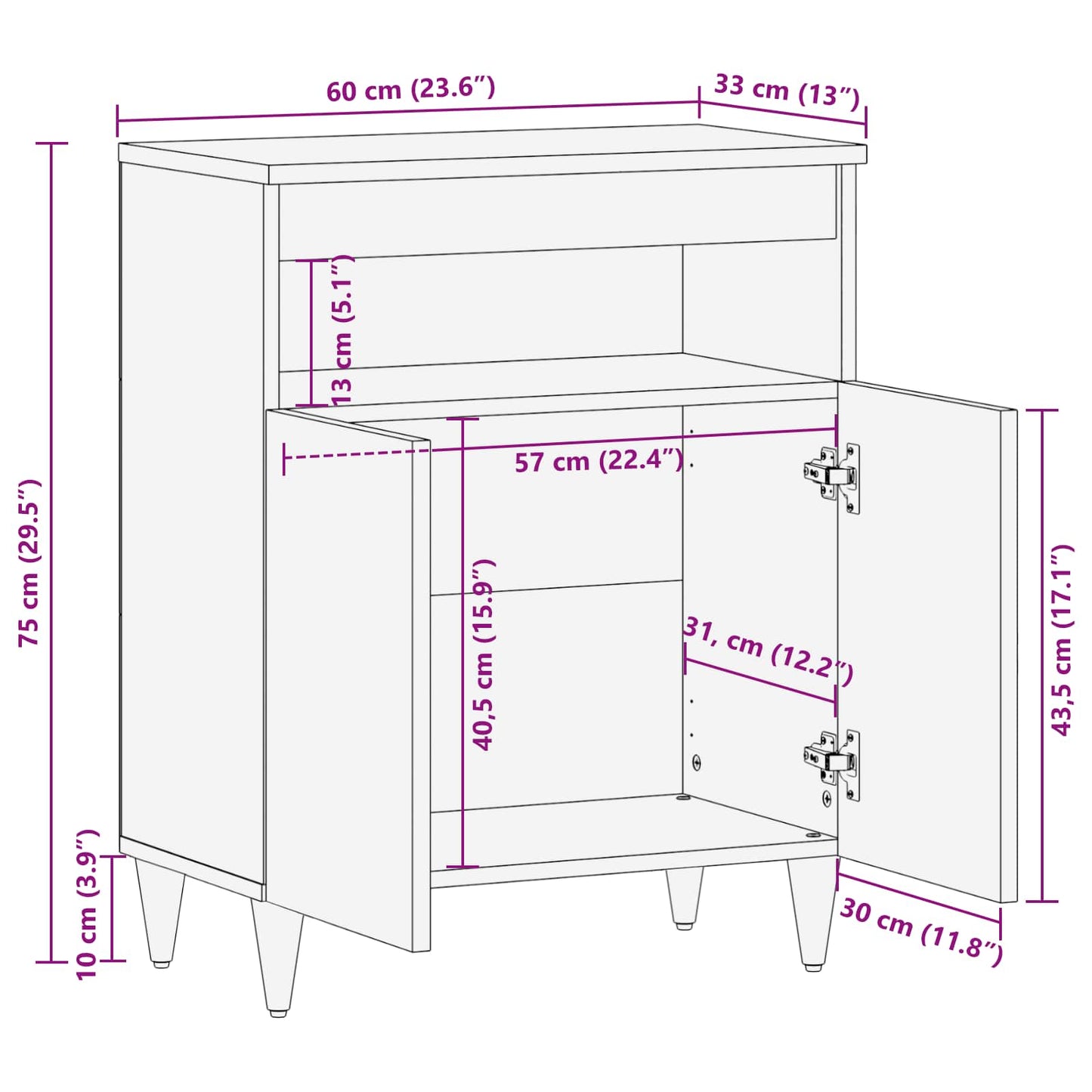 vidaXL Buffet Nogueira 60 x 33 x 75 cm Madeira de manga maciça