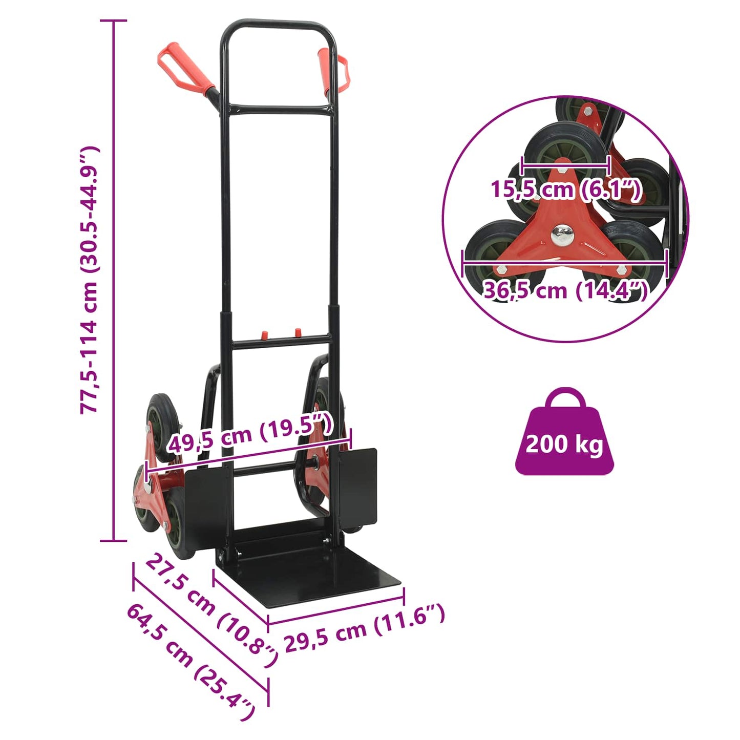 vidaXL Carrinho de Mão Preto e Vermelho 64,5 x 49,5 x 114 cm Aço