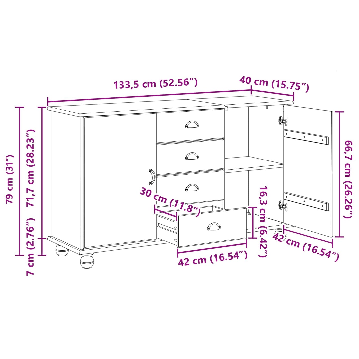 vidaXL Buffet ASKIM 133,5 x 40 x 79 cm Madeira de pinho maciça