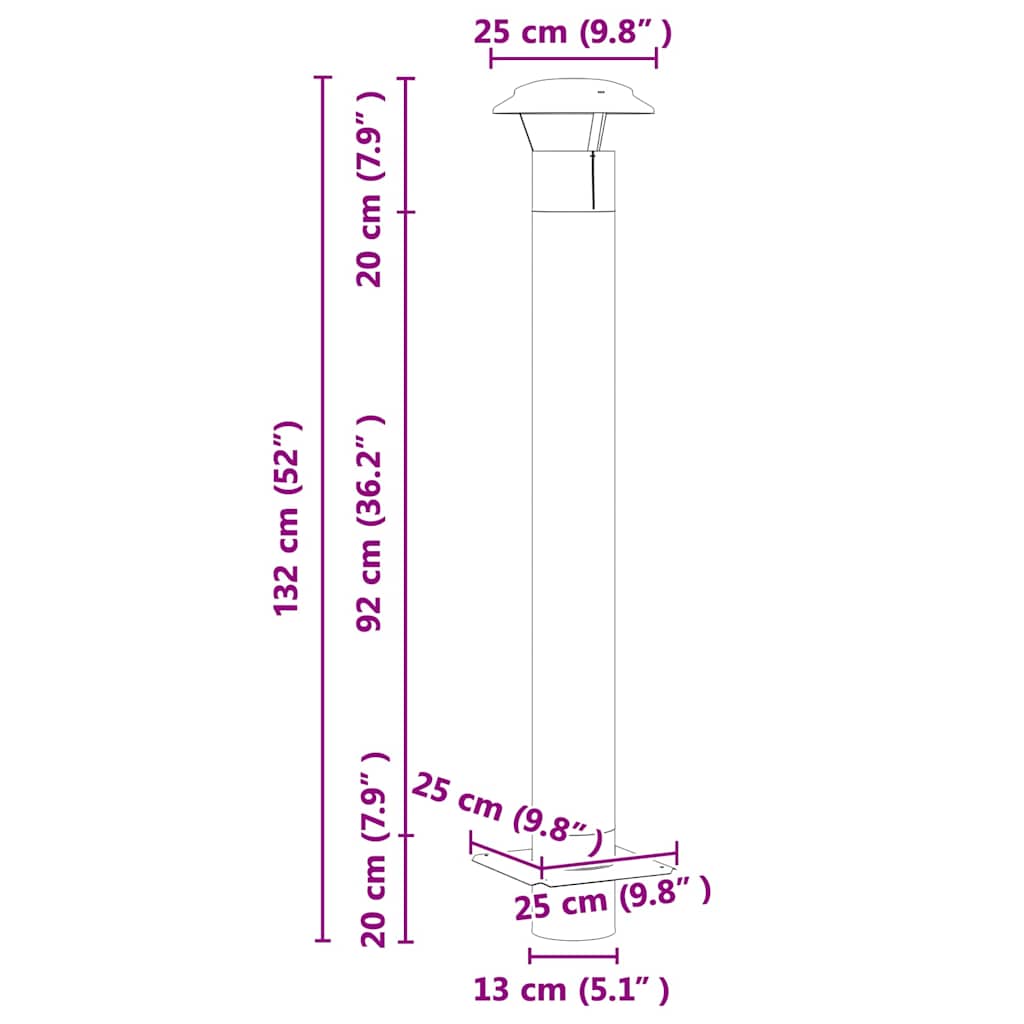 vidaXL Extensão de Chaminé Prateado 25 x 25 x 132 cm Aço inoxidável