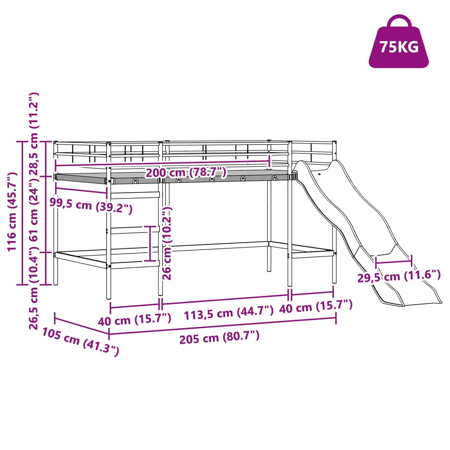 vidaXL Estrutura de cama loft para crianças com escorregador