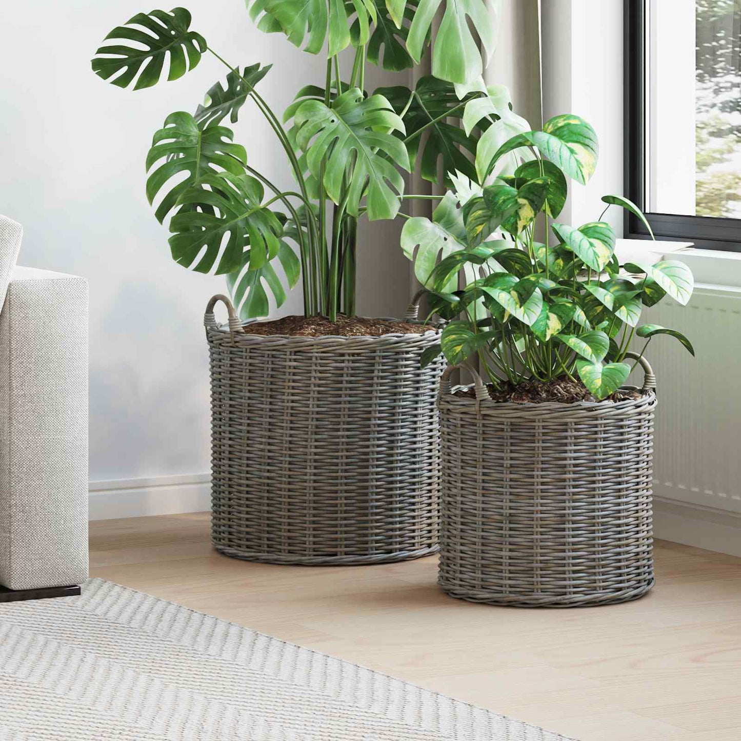 vidaXL Cesta de Plantas com armazenamento 2 pcs Cinzeto Rattan Lacak