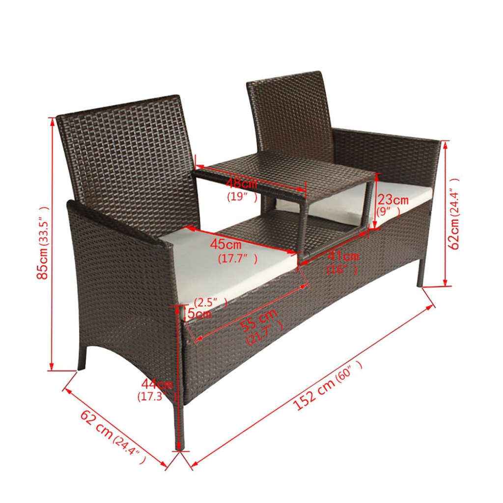 vidaXL Banco de jardim de 2 lugares c/ mesa de centro vime PE castanho