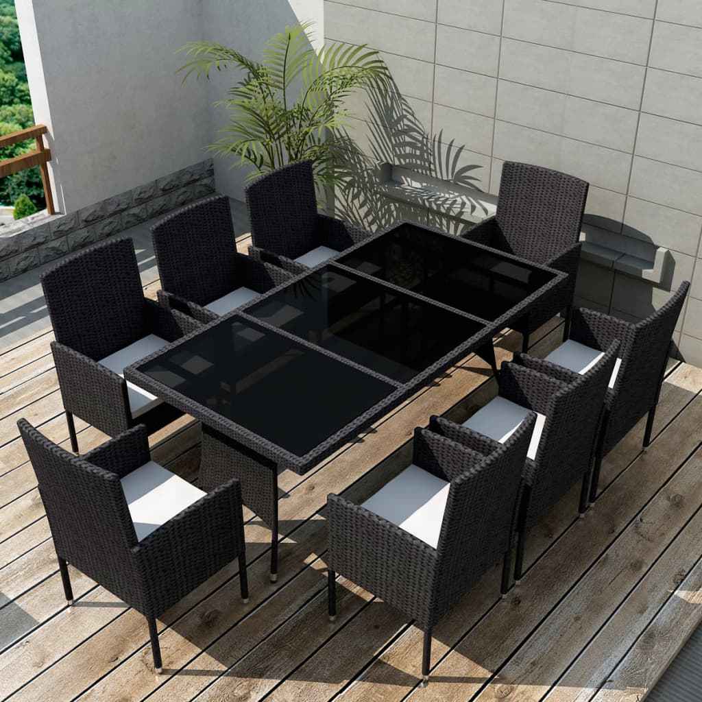 vidaXL 9 pcs conjunto jantar exterior com almofadões vime PE preto