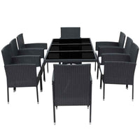 vidaXL 9 pcs conjunto jantar exterior com almofadões vime PE preto