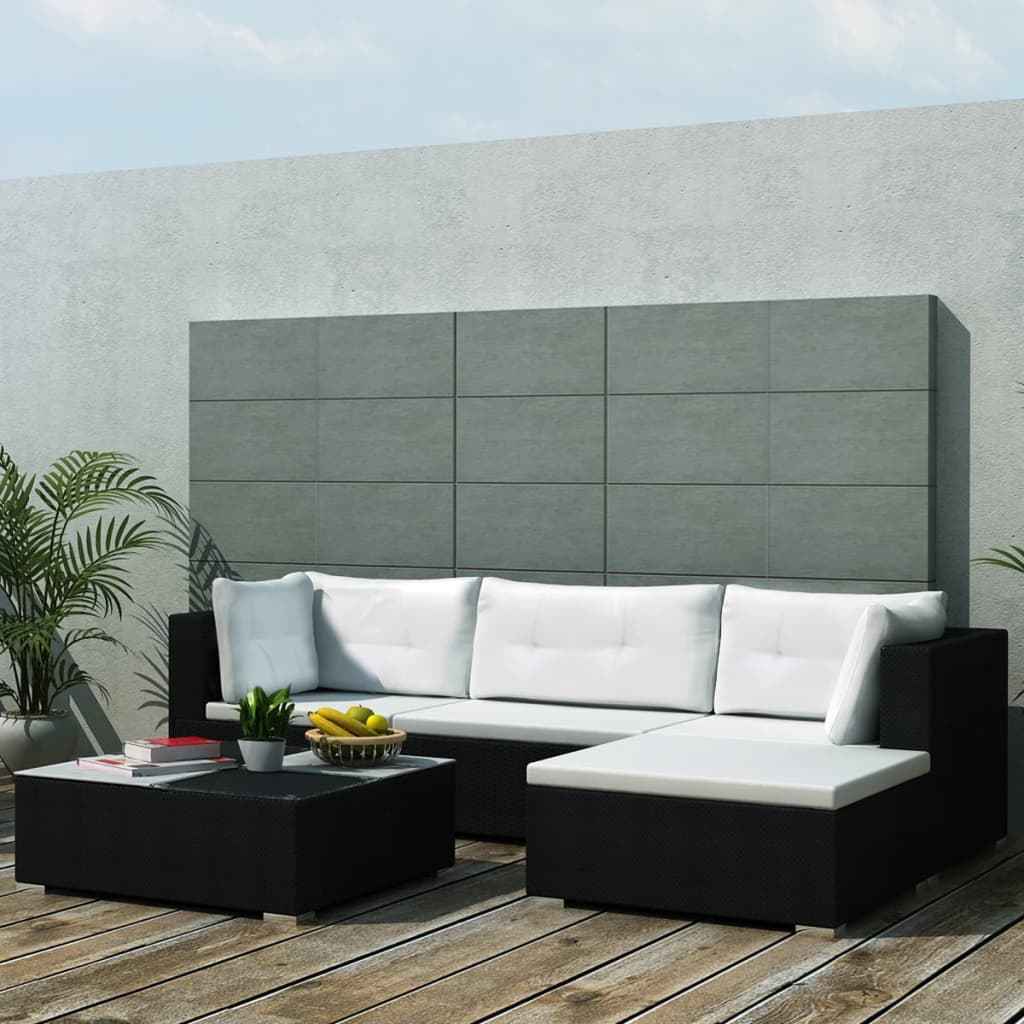 vidaXL 5 pcs conjunto lounge de jardim c/ almofadões vime PE preto