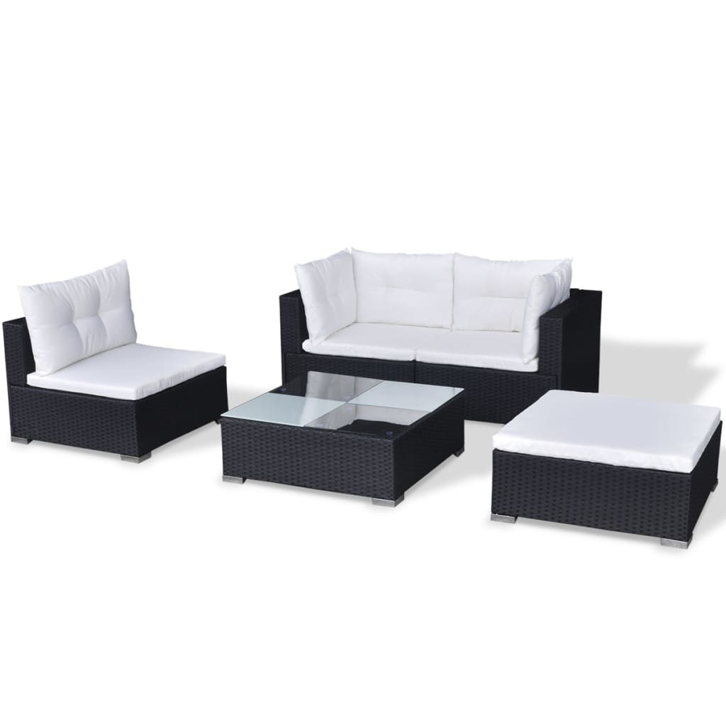 vidaXL 5 pcs conjunto lounge de jardim c/ almofadões vime PE preto