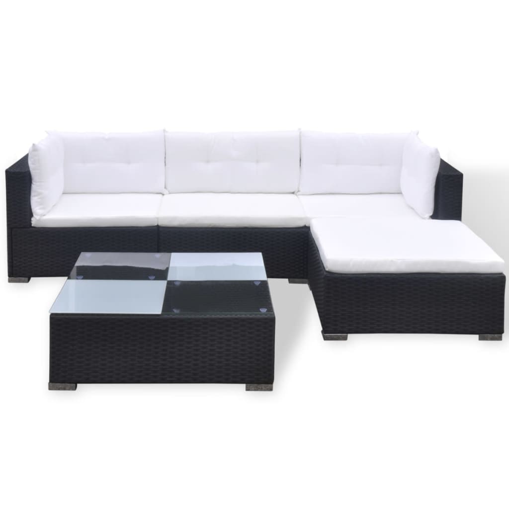 vidaXL 5 pcs conjunto lounge de jardim c/ almofadões vime PE preto