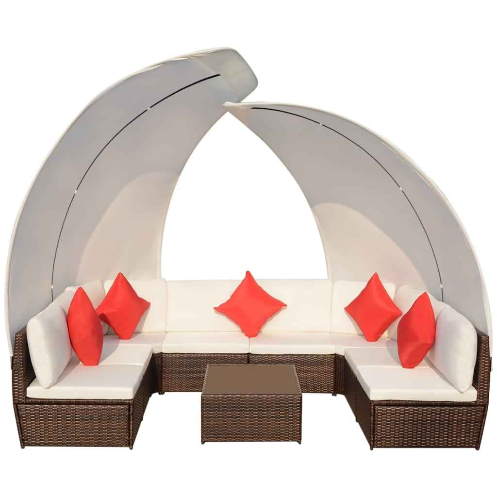 vidaXL 9 pcs conjunto lounge jardim c/ toldos vime PE castanho