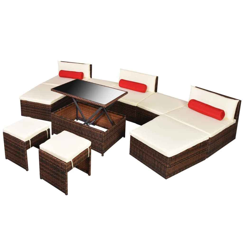 vidaXL 10 pcs conjunto lounge jardim c/ almofadões vime PE castanho