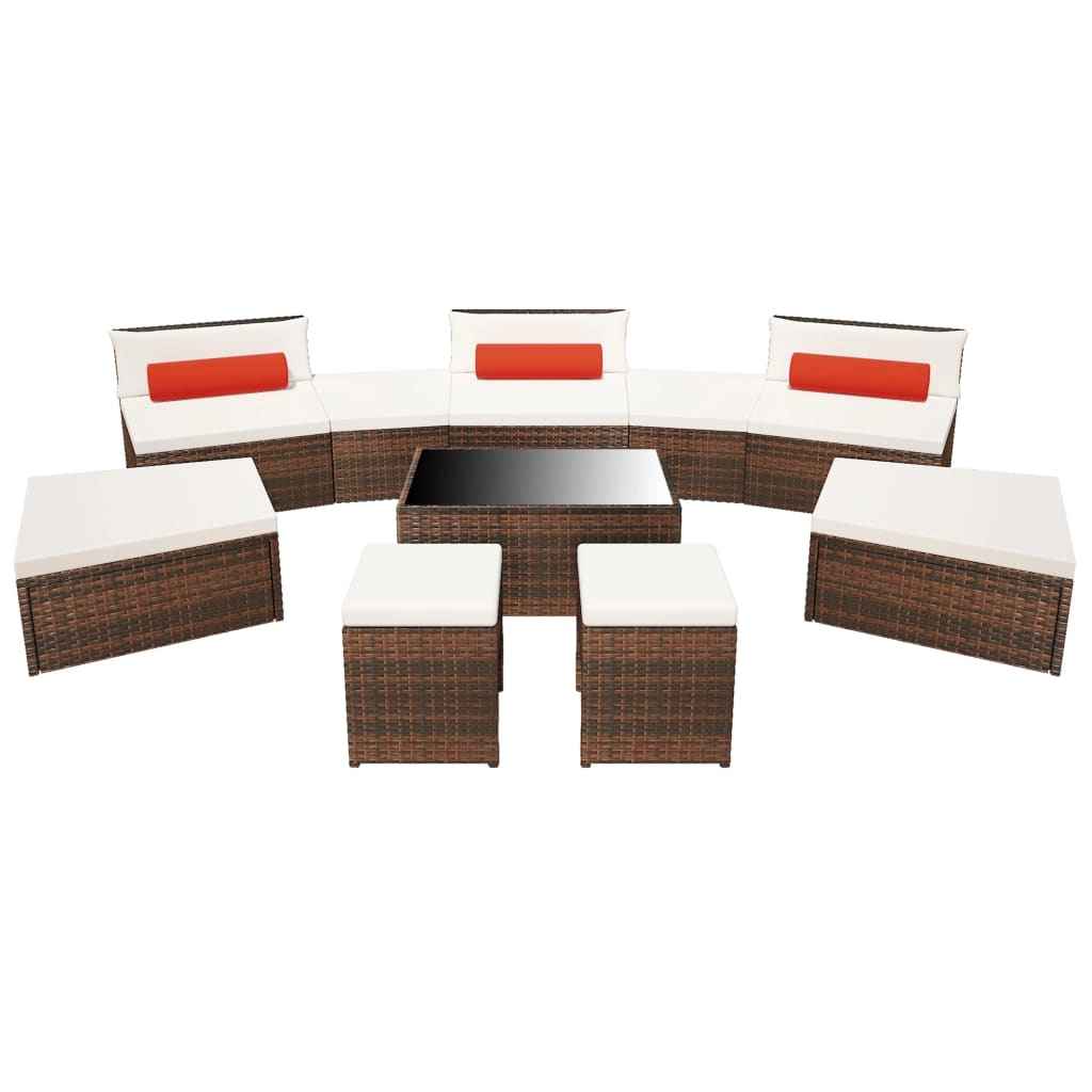 vidaXL 10 pcs conjunto lounge jardim c/ almofadões vime PE castanho