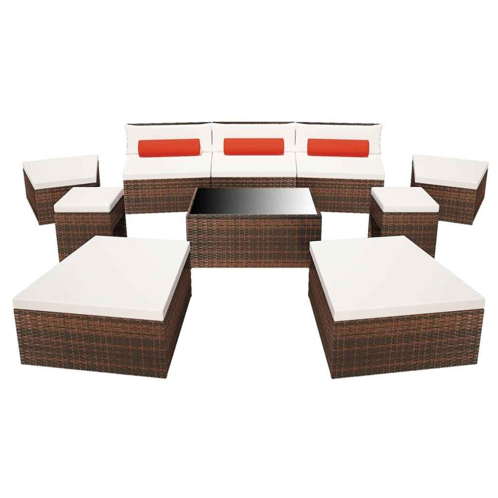 vidaXL 10 pcs conjunto lounge jardim c/ almofadões vime PE castanho