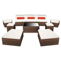 vidaXL 10 pcs conjunto lounge jardim c/ almofadões vime PE castanho