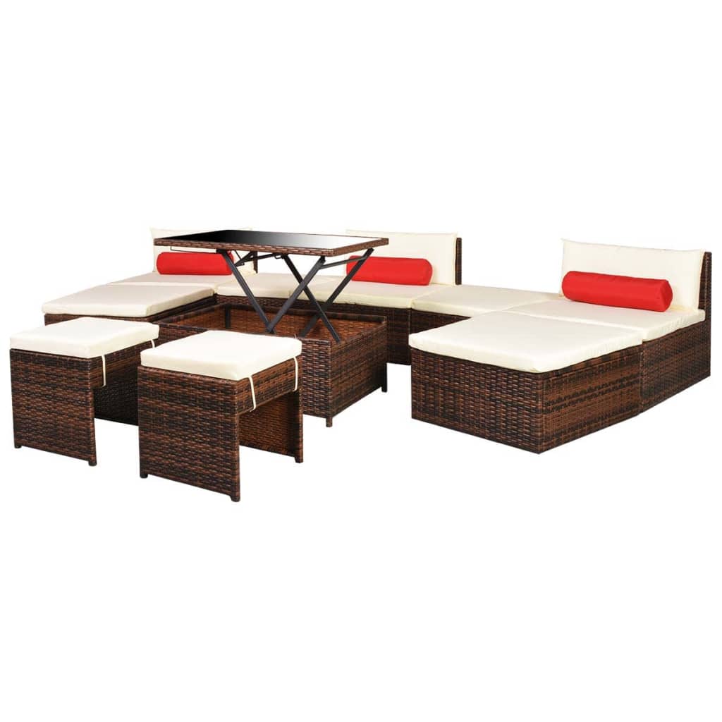 vidaXL 10 pcs conjunto lounge jardim c/ almofadões vime PE castanho