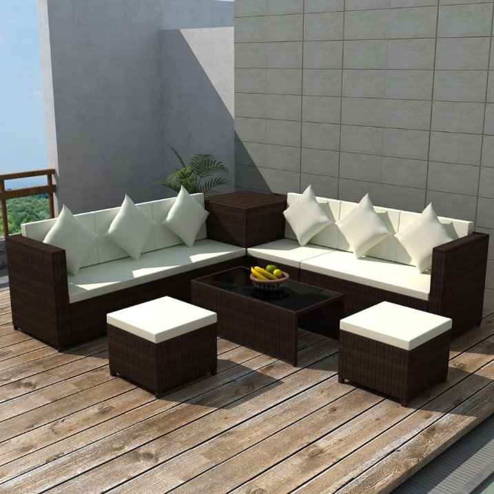 vidaXL 8 pcs conjunto lounge jardim c/ almofadões vime PE castanho