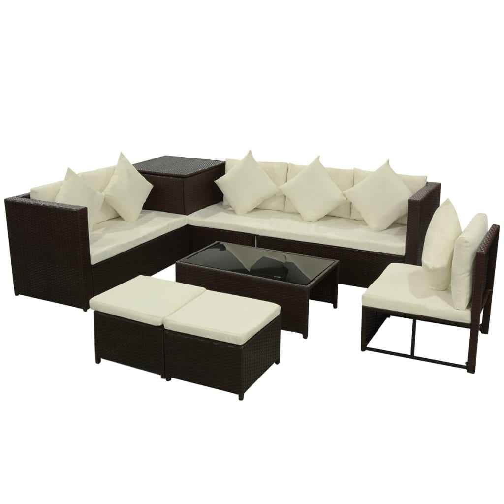 vidaXL 8 pcs conjunto lounge jardim c/ almofadões vime PE castanho