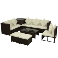 vidaXL 8 pcs conjunto lounge jardim c/ almofadões vime PE castanho