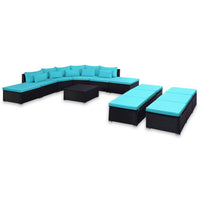 vidaXL Conjunto lounge de jardim c/ almofadões 9 pcs vime PE azul