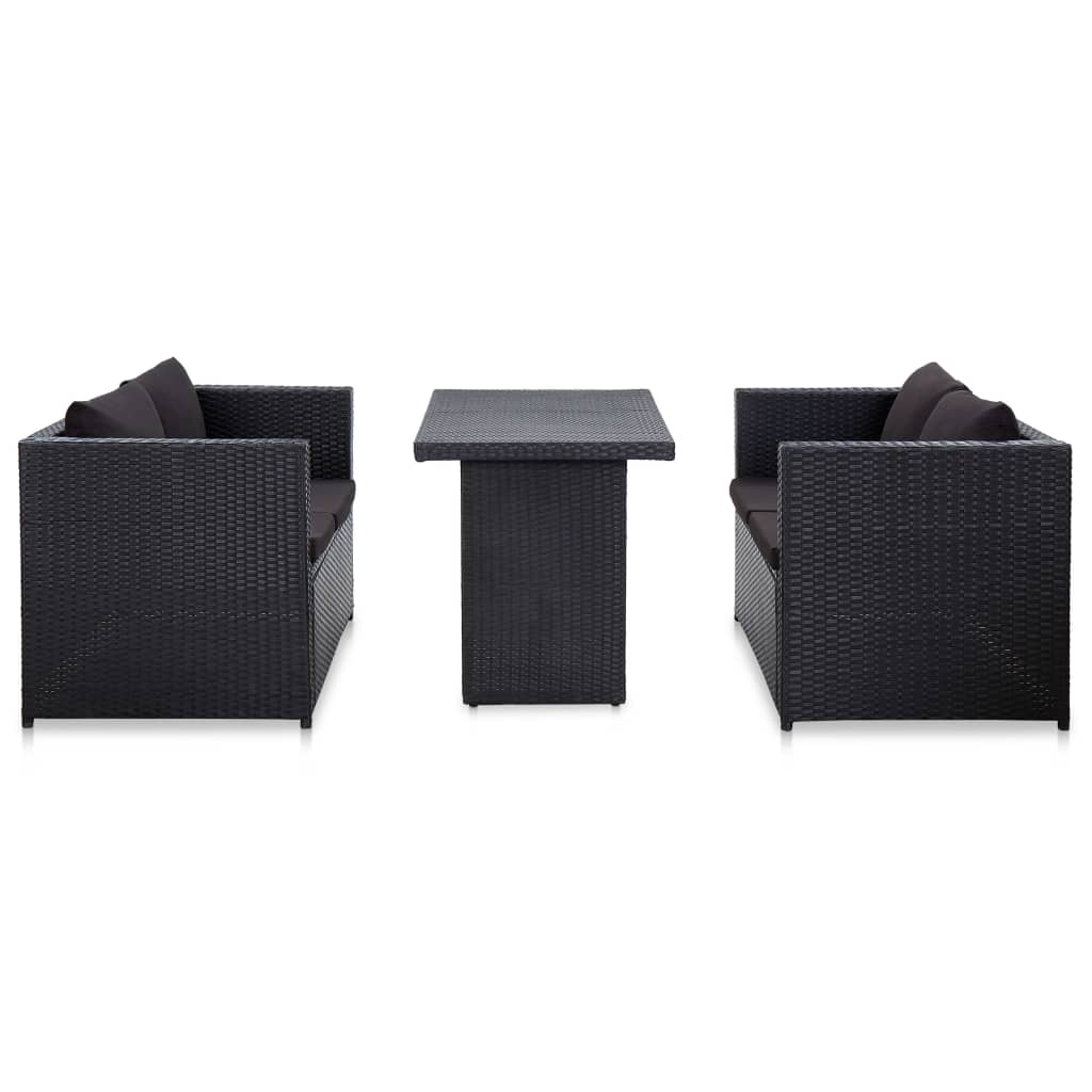 vidaXL 3 pcs conjunto lounge de jardim c/ almofadões vime PE preto