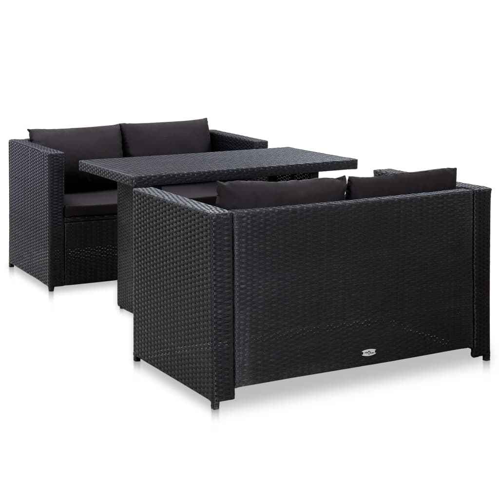 vidaXL 3 pcs conjunto lounge de jardim c/ almofadões vime PE preto