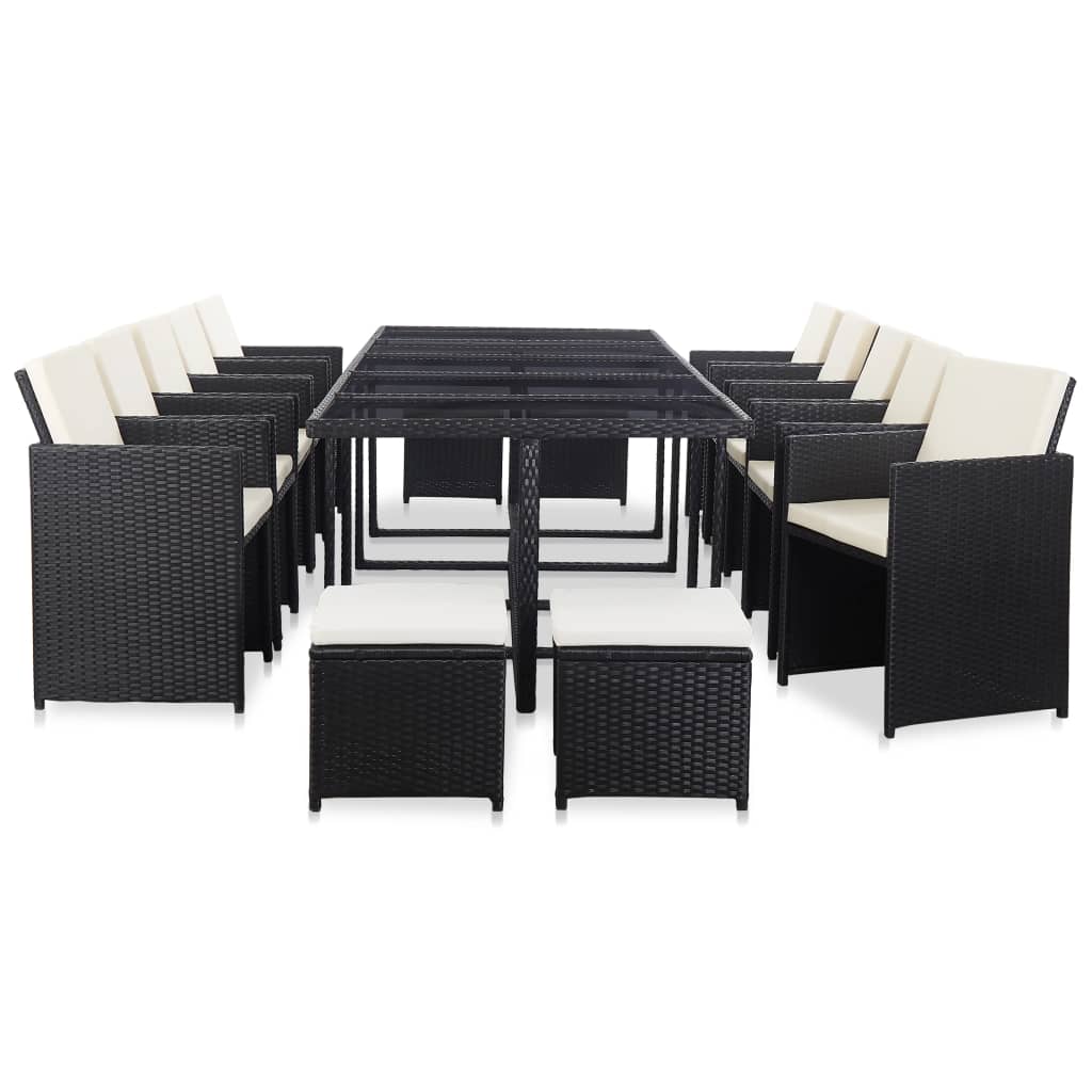 vidaXL 11 pcs conjunto jantar p/ jardim c/ almofadões vime PE preto