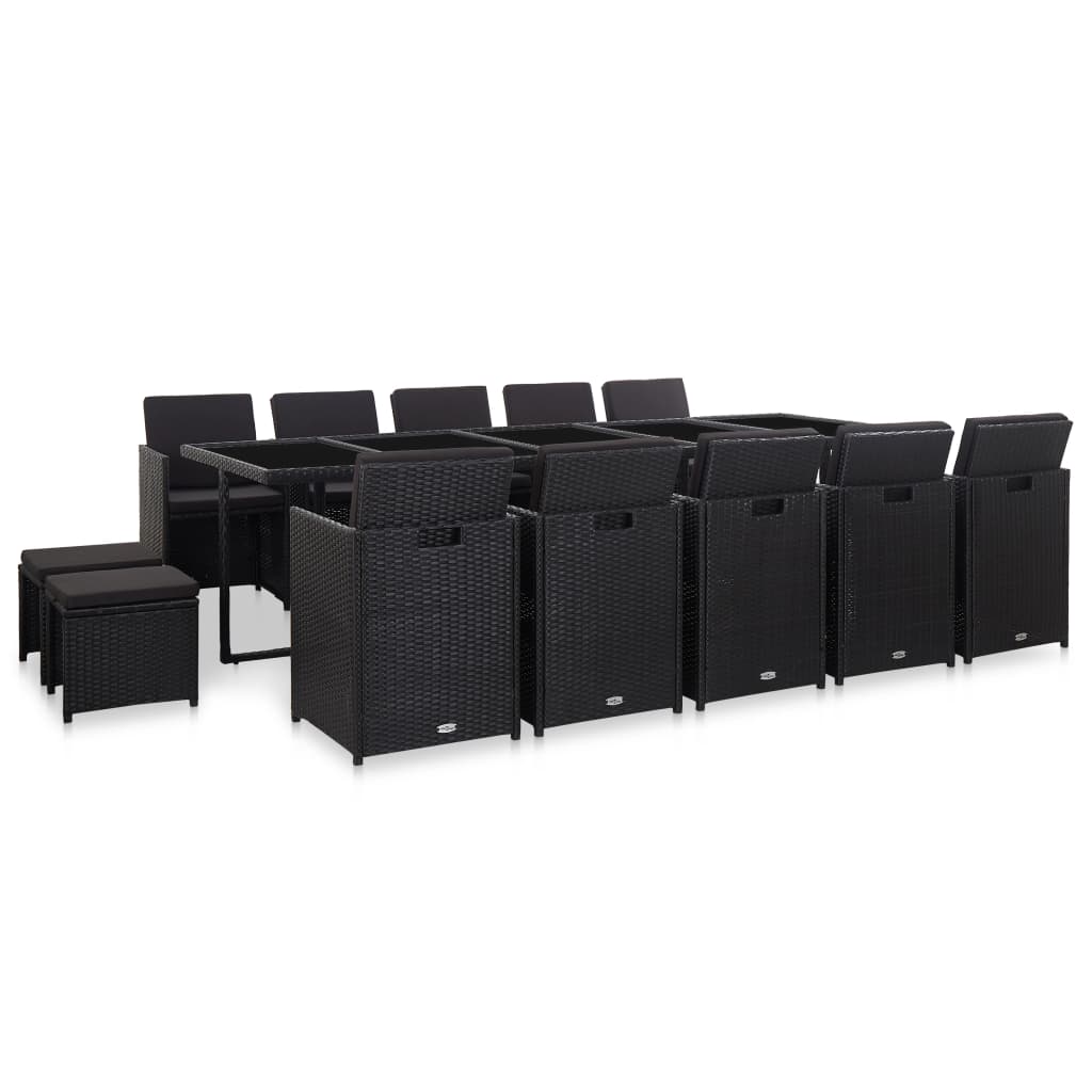vidaXL 11 pcs conjunto jantar p/ jardim c/ almofadões vime PE preto