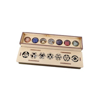 Conjunto de 7 sólidos platónicos dos Chakras com estojo em madeira